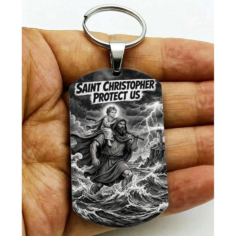 Saint Christopher Protect Us God Lord Jesus Christ Stainless Keychain Reminder